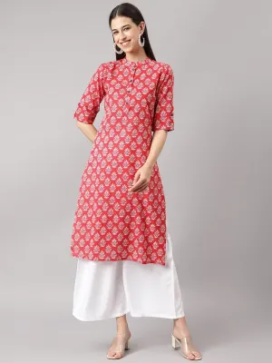 Jashvi Red Cotton Katha work Straight Kurta