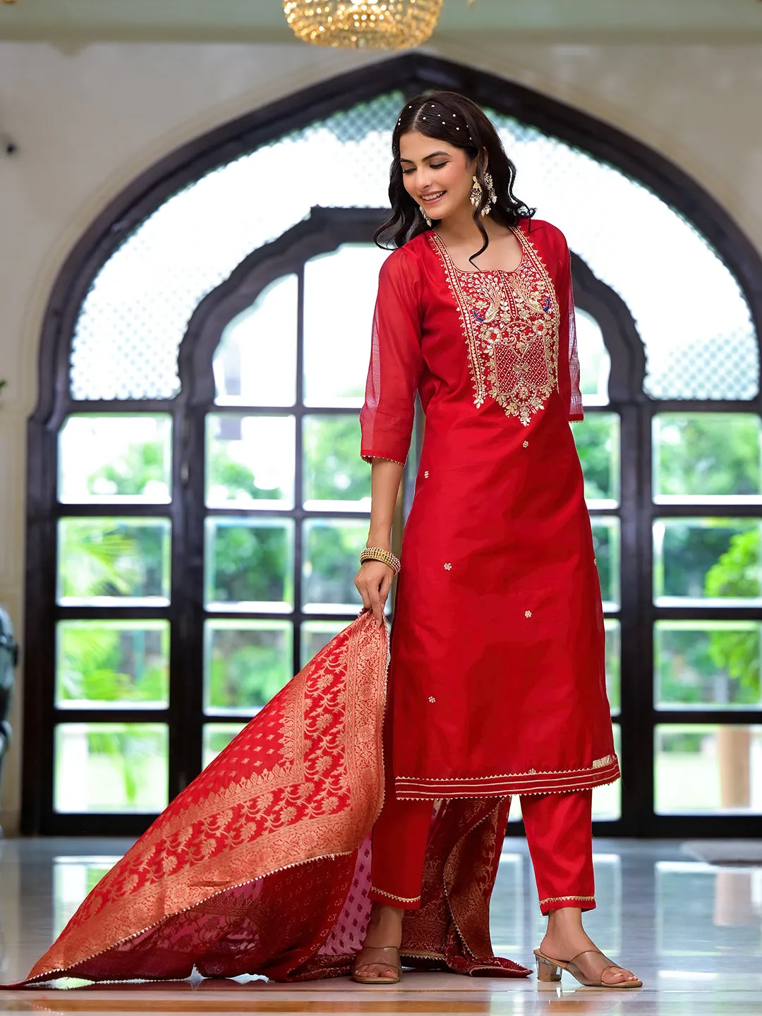 Jashvi Red Embroidered Chanderi Silk Kurta pants with Banarashi Dupatta