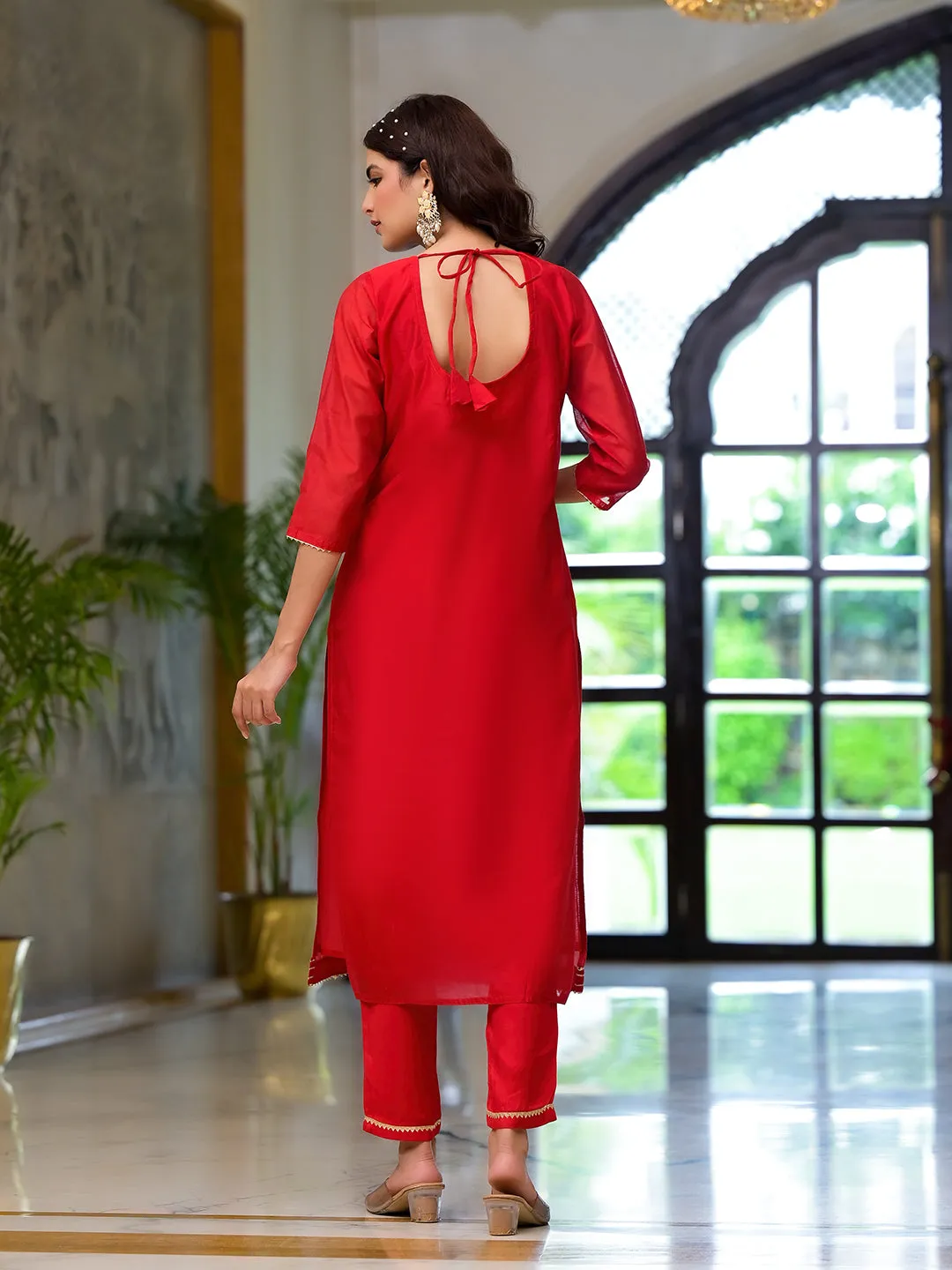 Jashvi Red Embroidered Chanderi Silk Kurta pants with Banarashi Dupatta