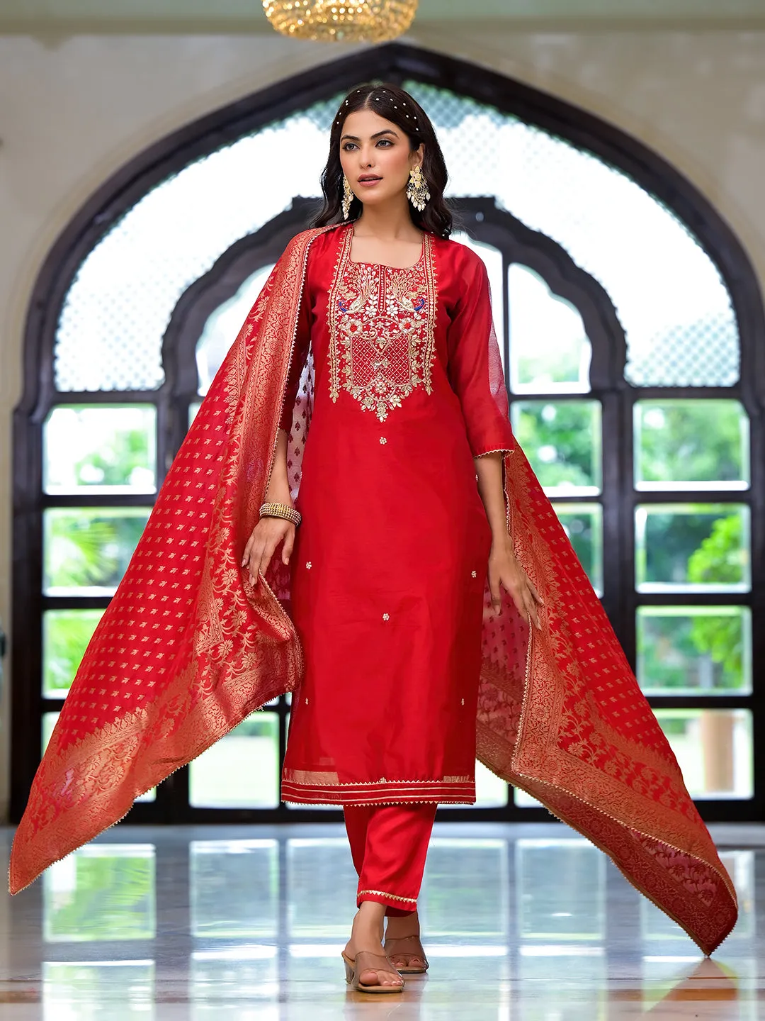 Jashvi Red Embroidered Chanderi Silk Kurta pants with Banarashi Dupatta