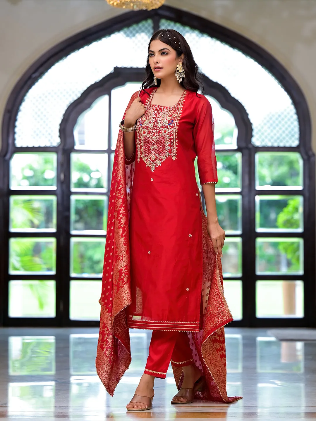 Jashvi Red Embroidered Chanderi Silk Kurta pants with Banarashi Dupatta