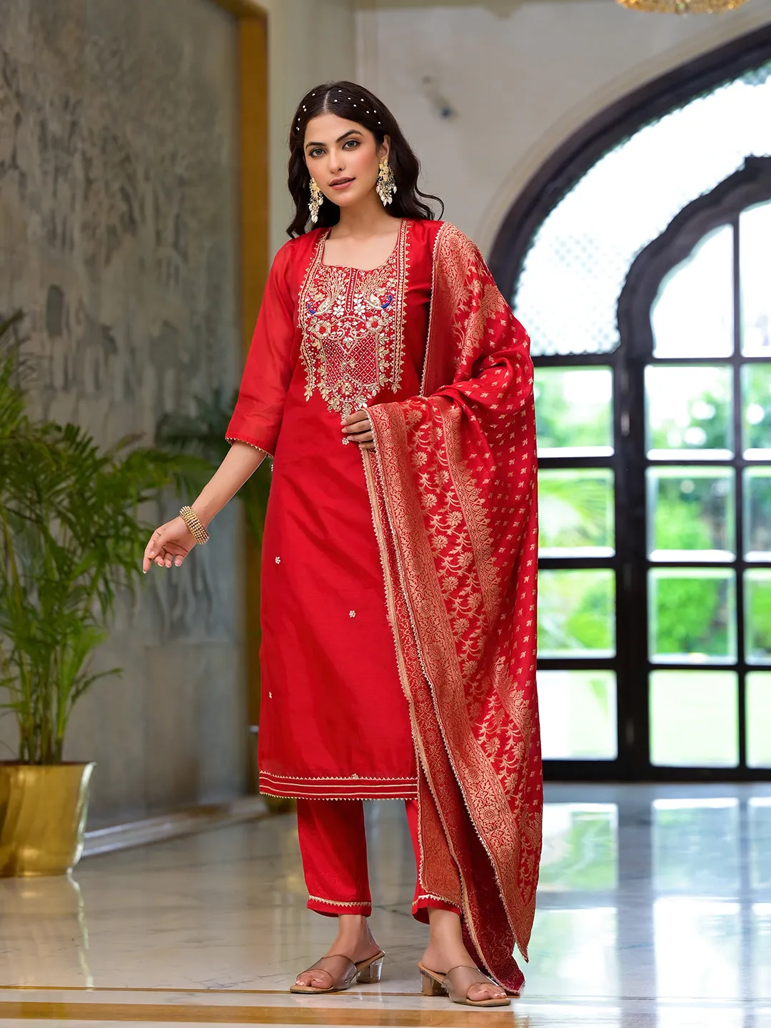 Jashvi Red Embroidered Chanderi Silk Kurta pants with Banarashi Dupatta