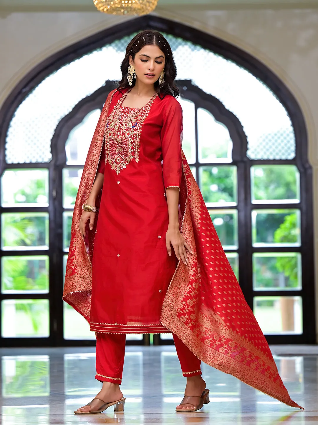 Jashvi Red Embroidered Chanderi Silk Kurta pants with Banarashi Dupatta