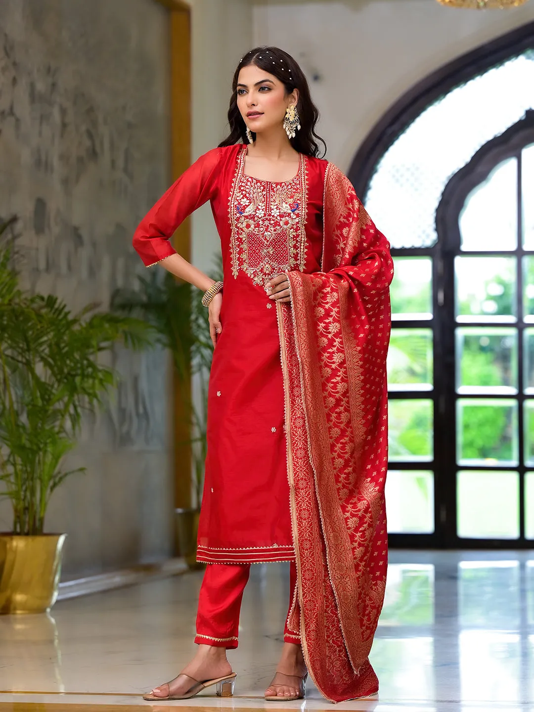 Jashvi Red Embroidered Chanderi Silk Kurta pants with Banarashi Dupatta