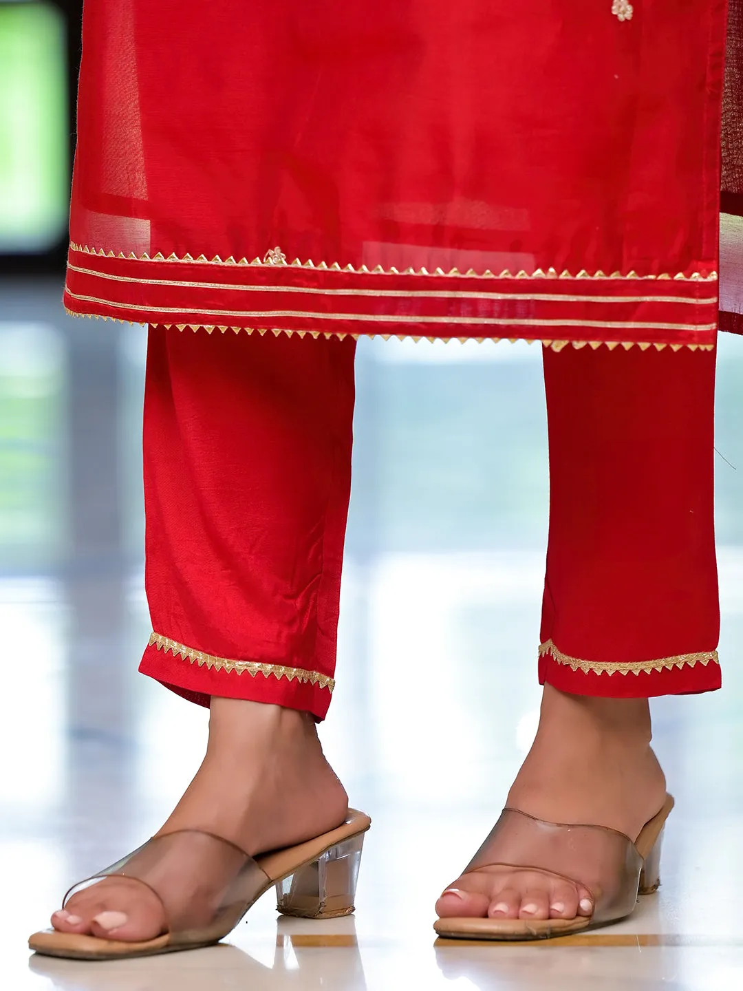 Jashvi Red Embroidered Chanderi Silk Kurta pants with Banarashi Dupatta