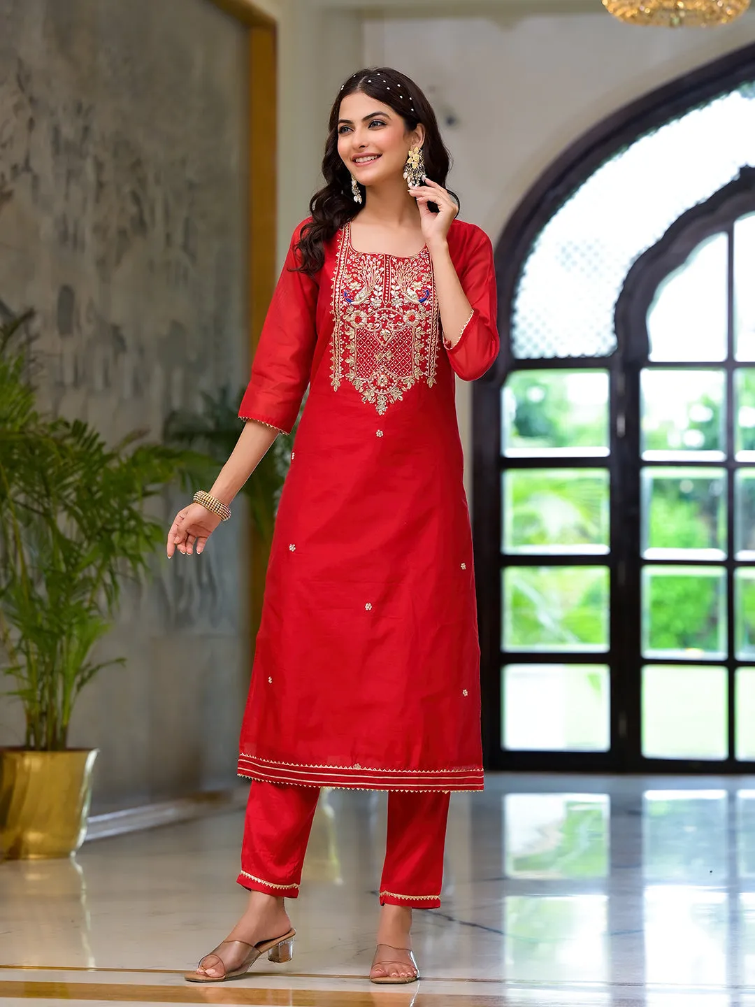 Jashvi Red Embroidered Chanderi Silk Kurta pants with Banarashi Dupatta