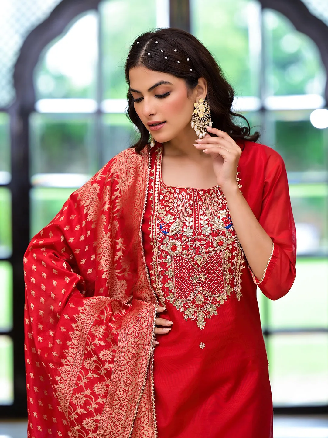 Jashvi Red Embroidered Chanderi Silk Kurta pants with Banarashi Dupatta