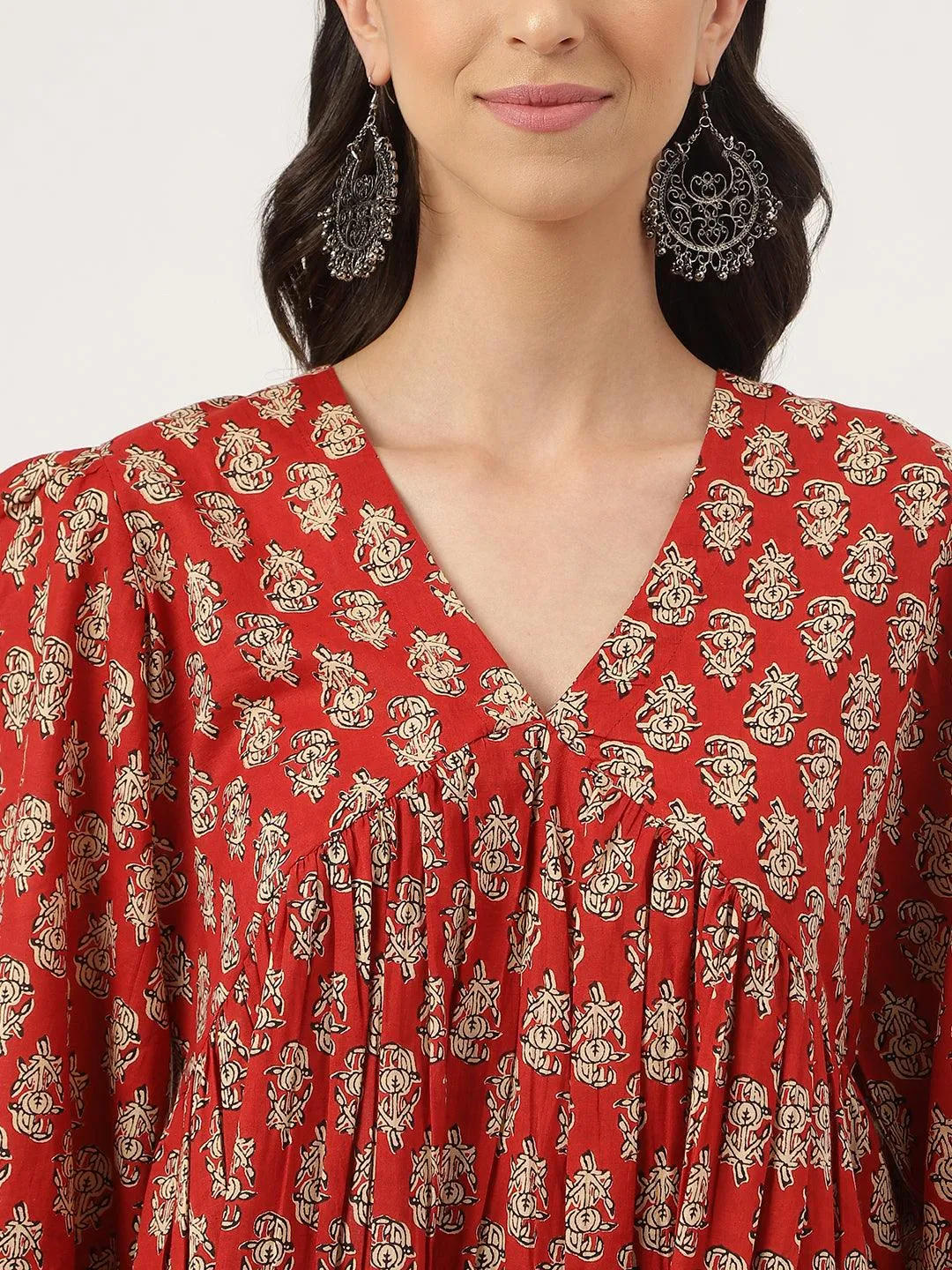 Jashvi Red Floral Cotton Pemplum Style Top