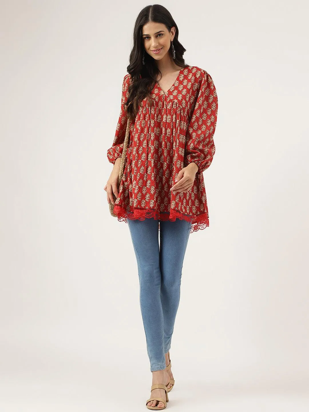 Jashvi Red Floral Cotton Pemplum Style Top