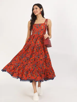 Jashvi Red Floral Printed Cotton Dress