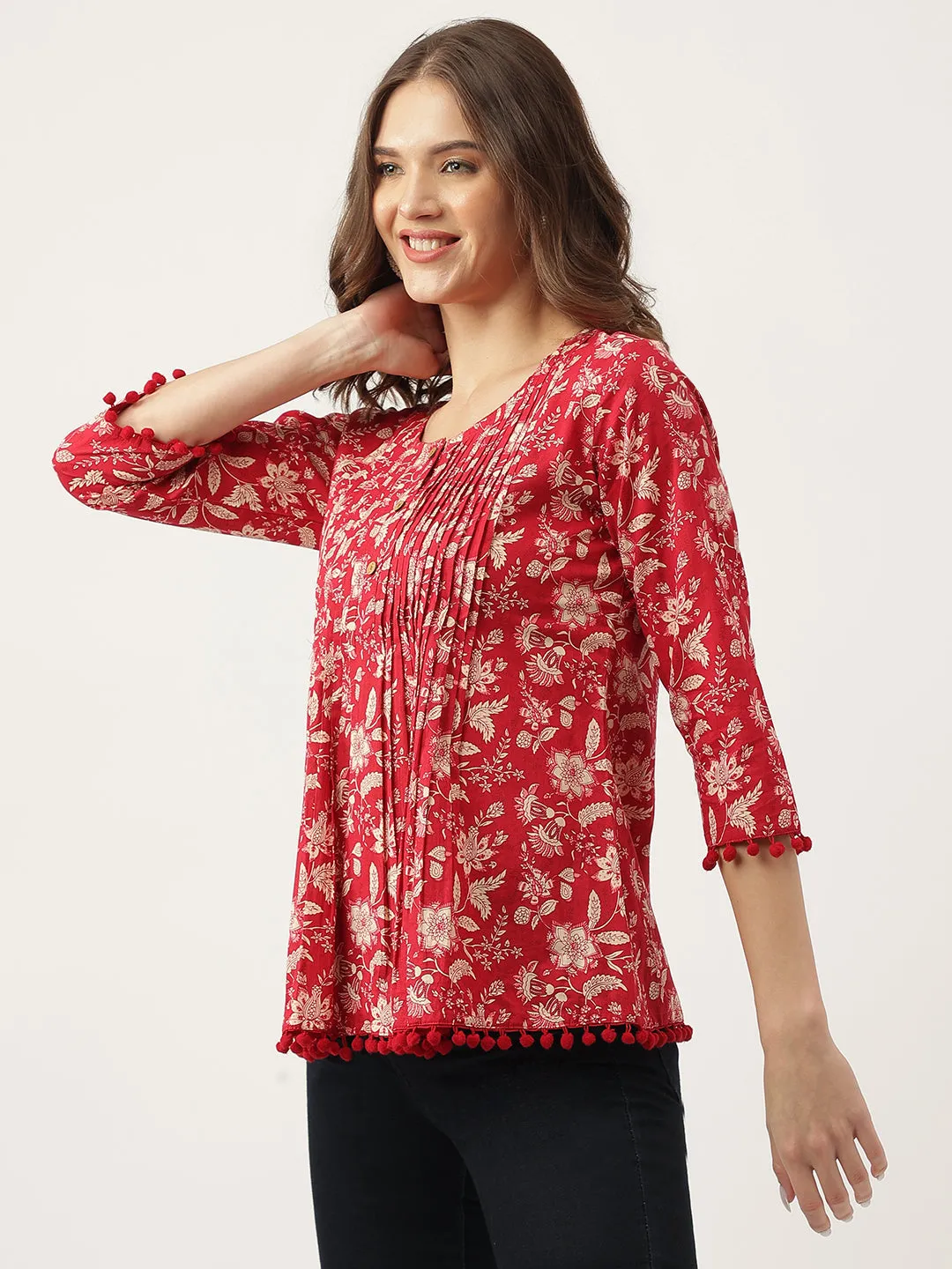 Jashvi Red Floral Printed Cotton Peplum Top