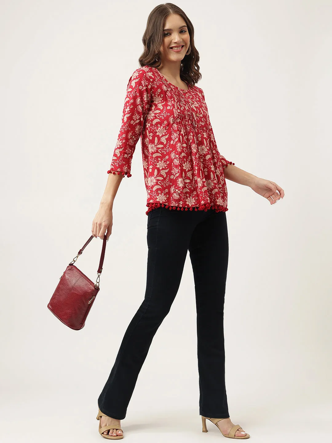 Jashvi Red Floral Printed Cotton Peplum Top