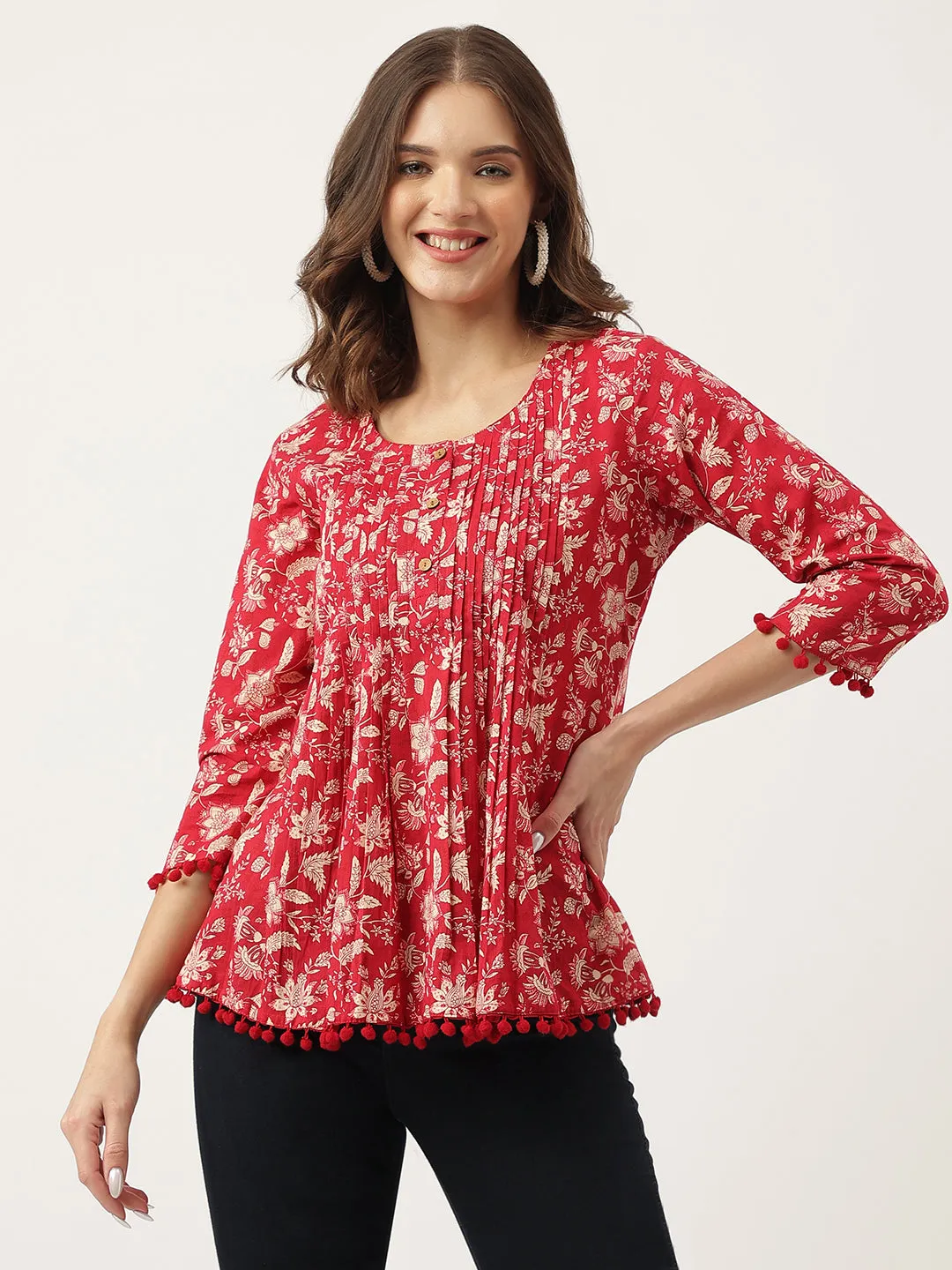 Jashvi Red Floral Printed Cotton Peplum Top