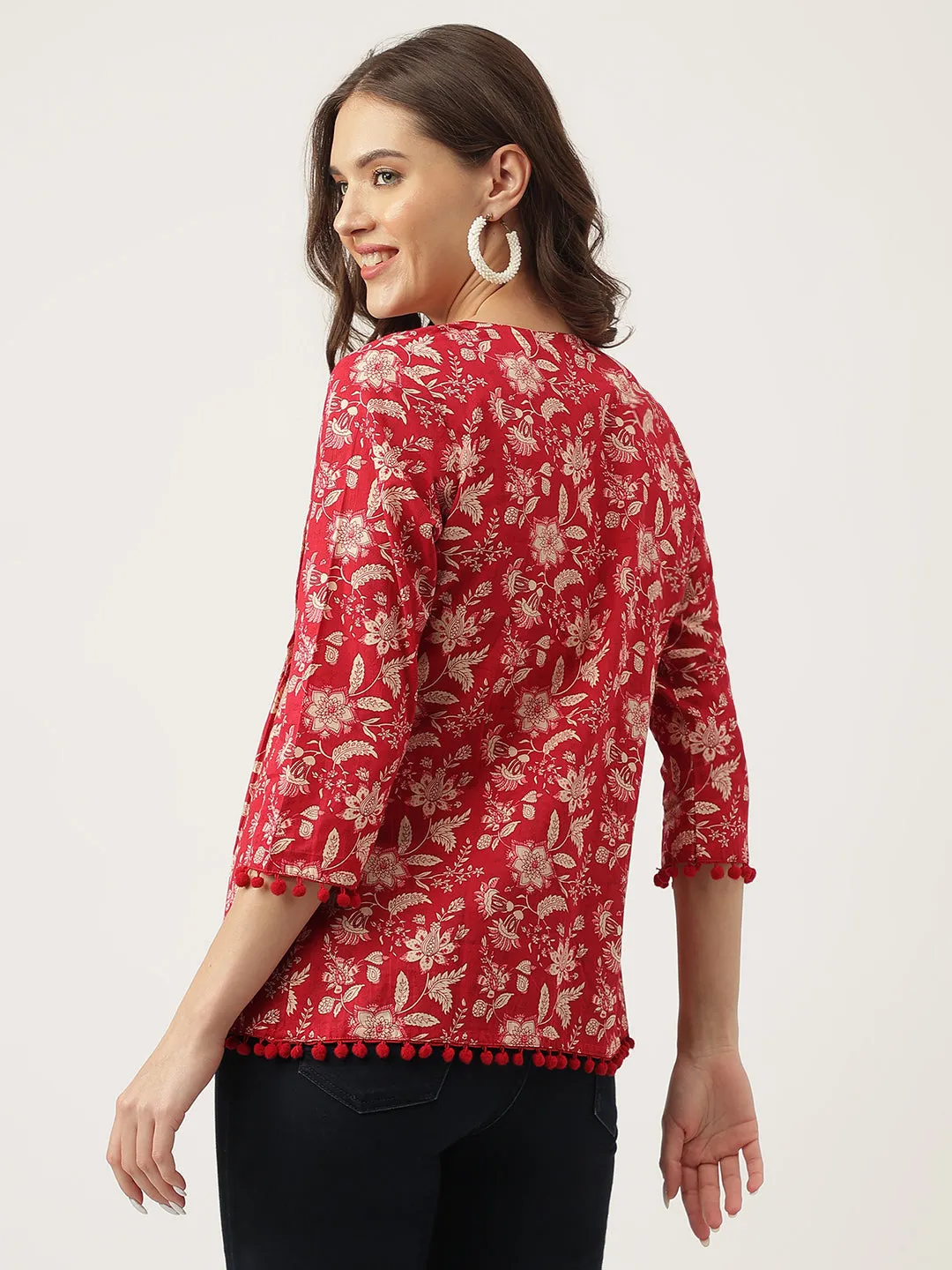 Jashvi Red Floral Printed Cotton Peplum Top