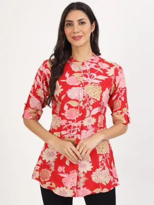 Jashvi Red Floral Printed Rayon Top