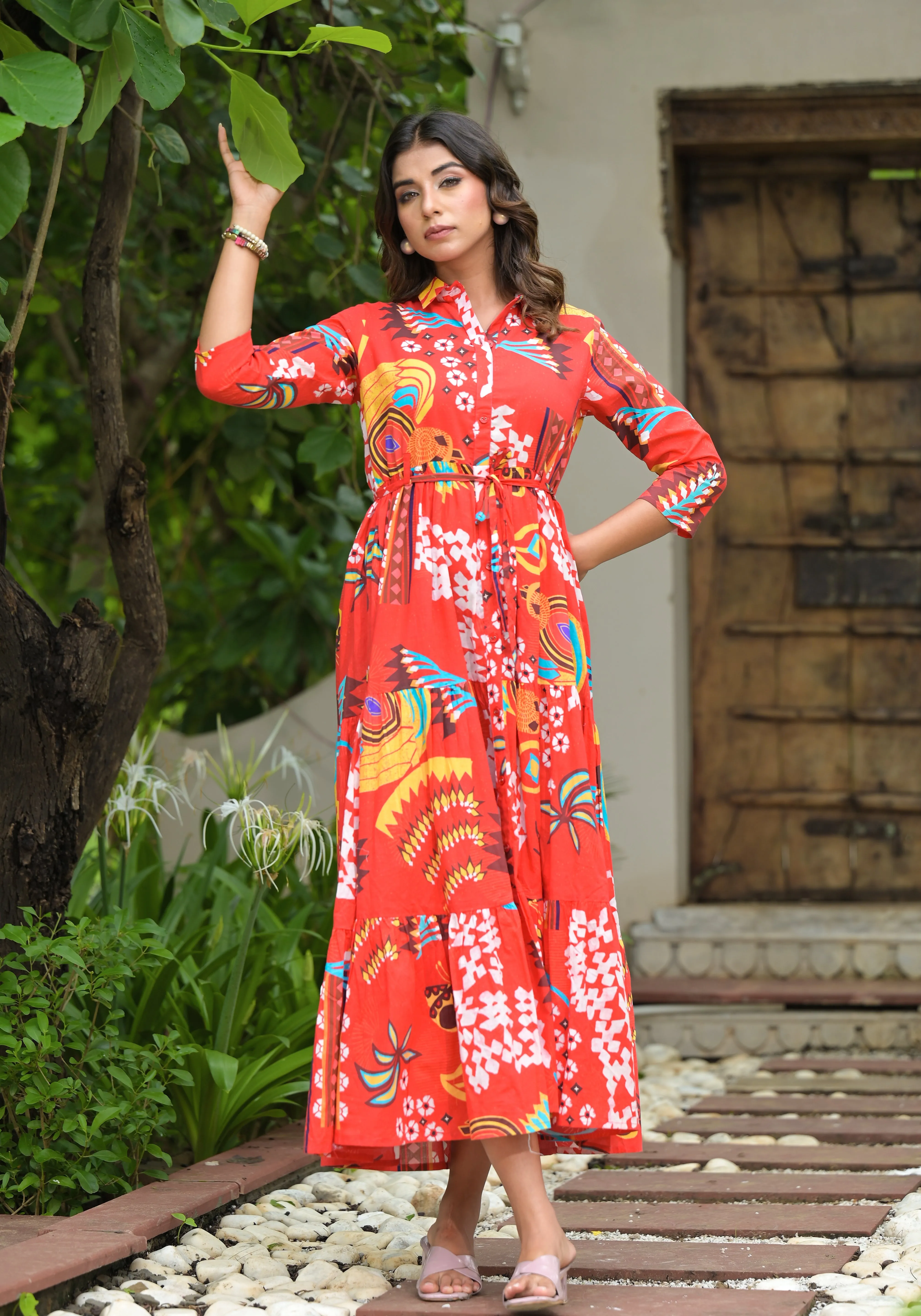 Jashvi Red Geometric Printed Cambric Dress With Buttons & Doris On Waist