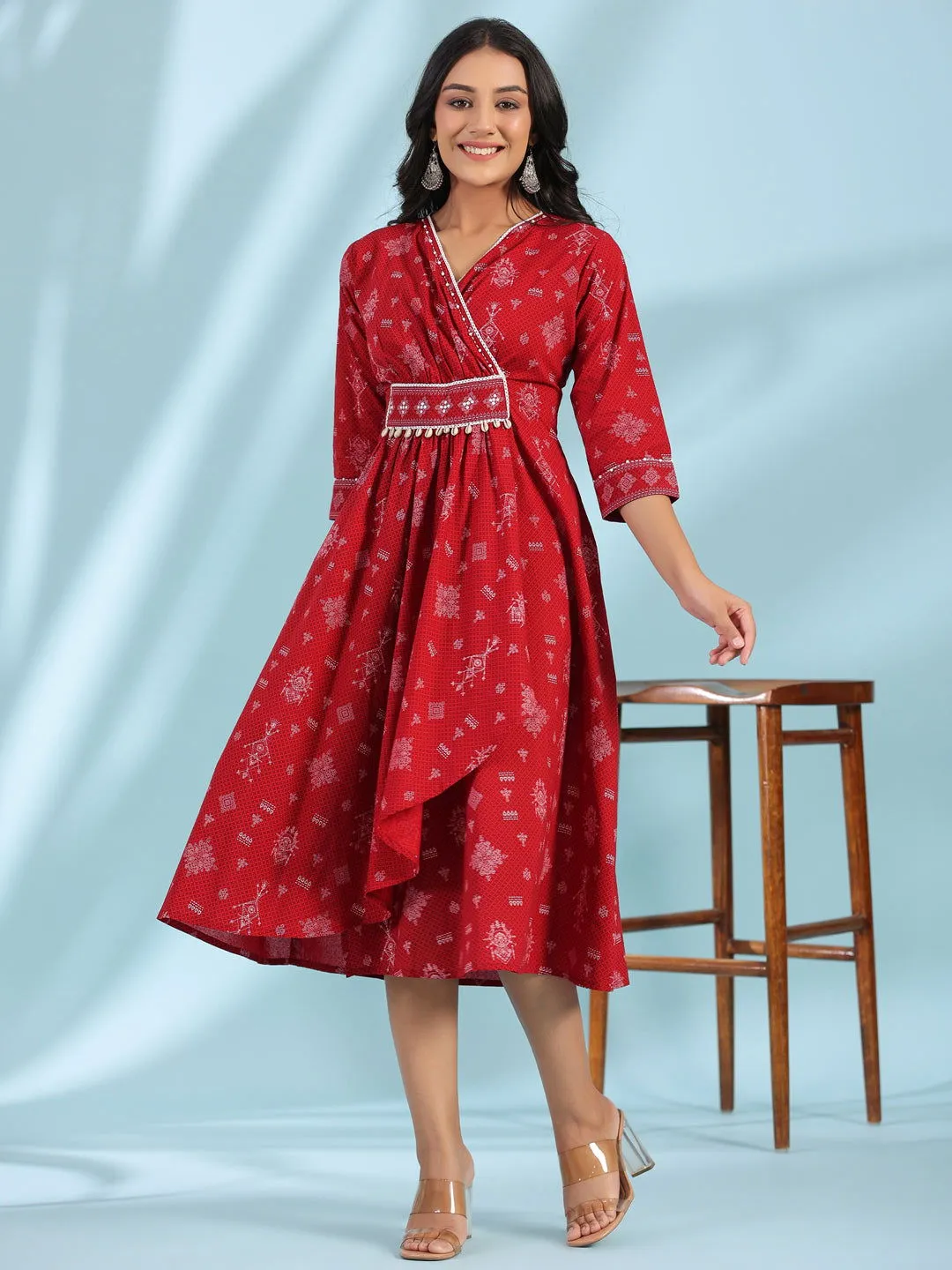 Jashvi  Red Geometric Printed Pure Cotton Midi Dress With Lace Work