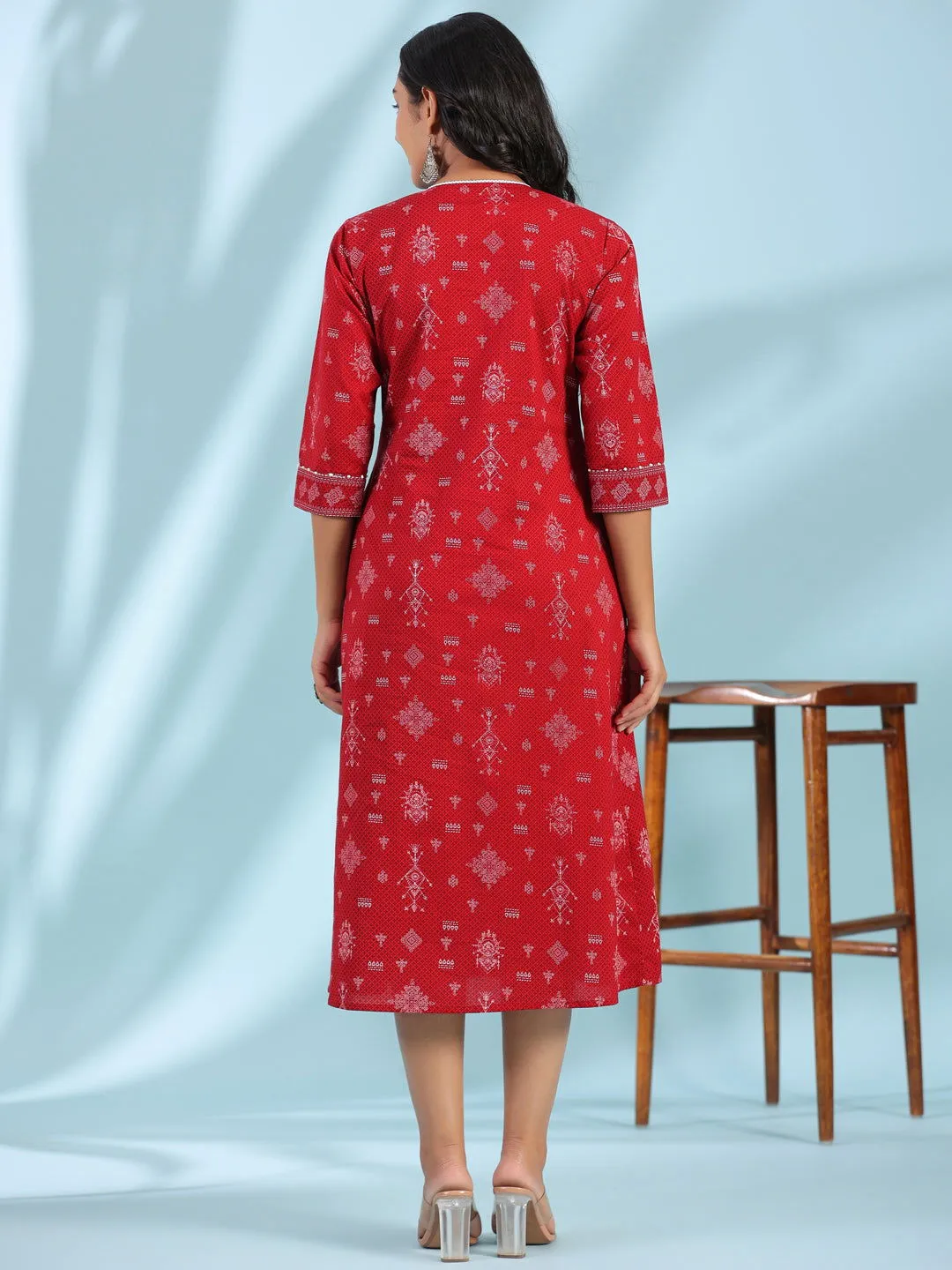 Jashvi  Red Geometric Printed Pure Cotton Midi Dress With Lace Work