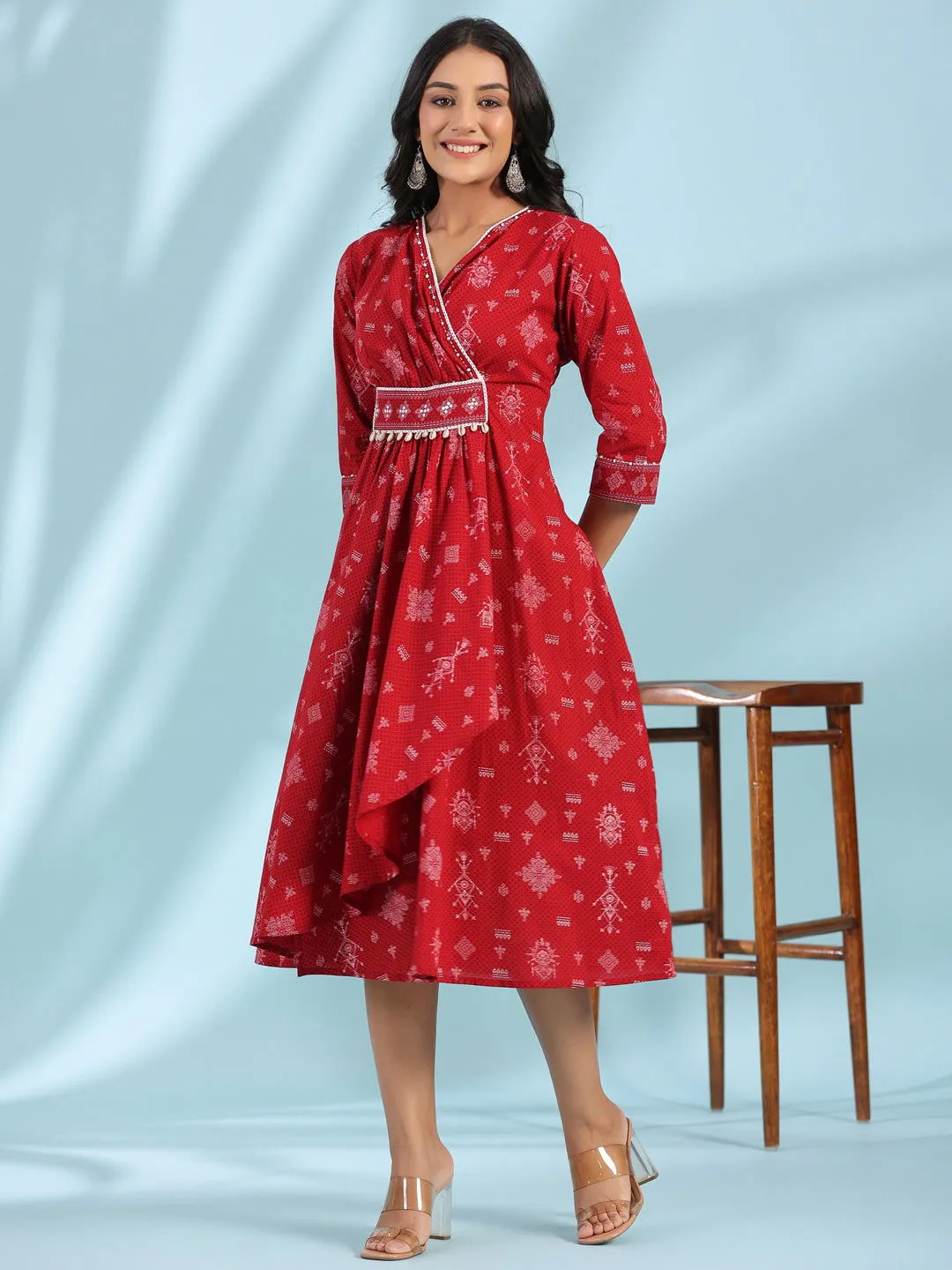 Jashvi  Red Geometric Printed Pure Cotton Midi Dress With Lace Work