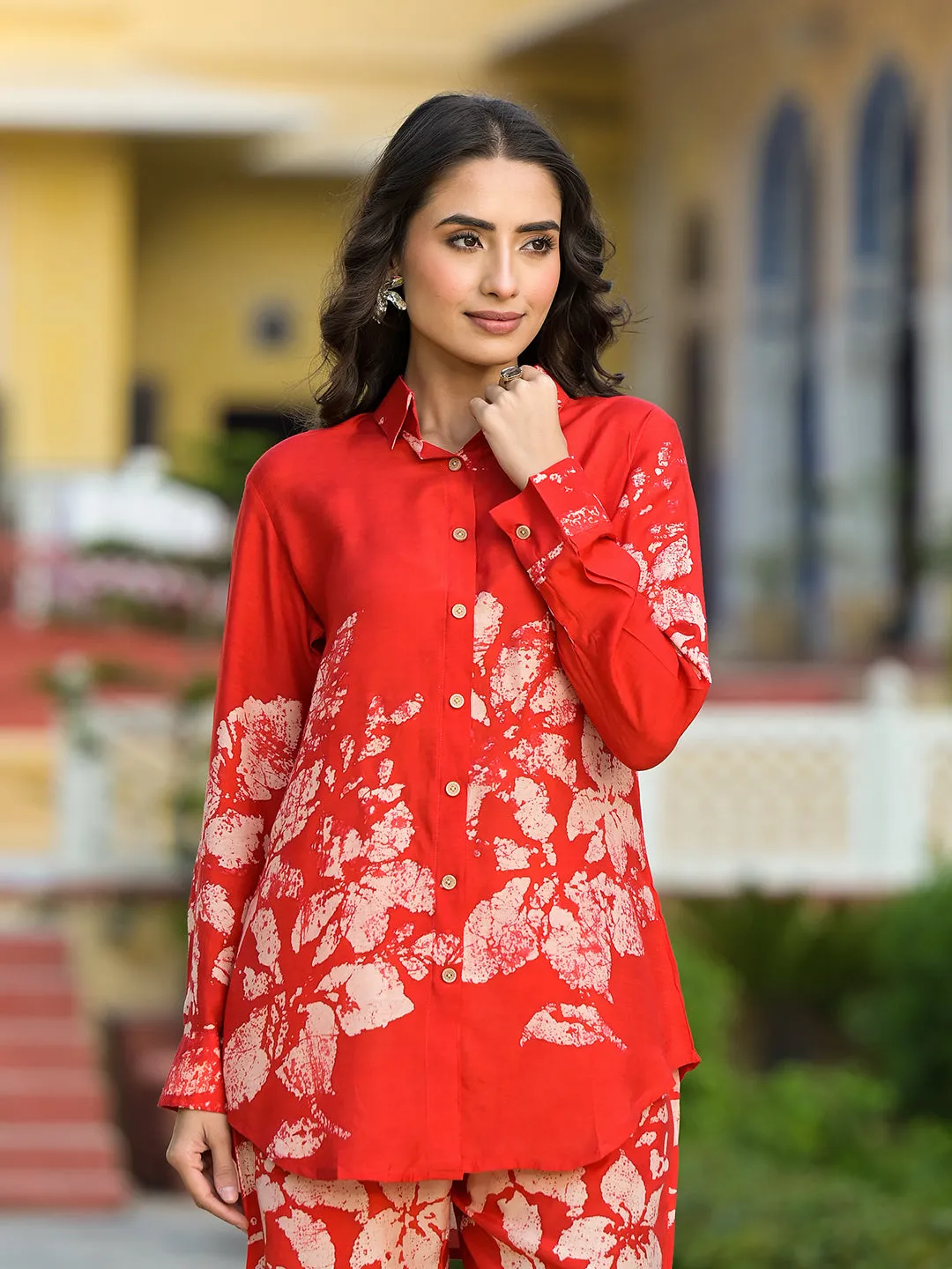 Jashvi Red Hand Painted Women Muslin Co-ord Set