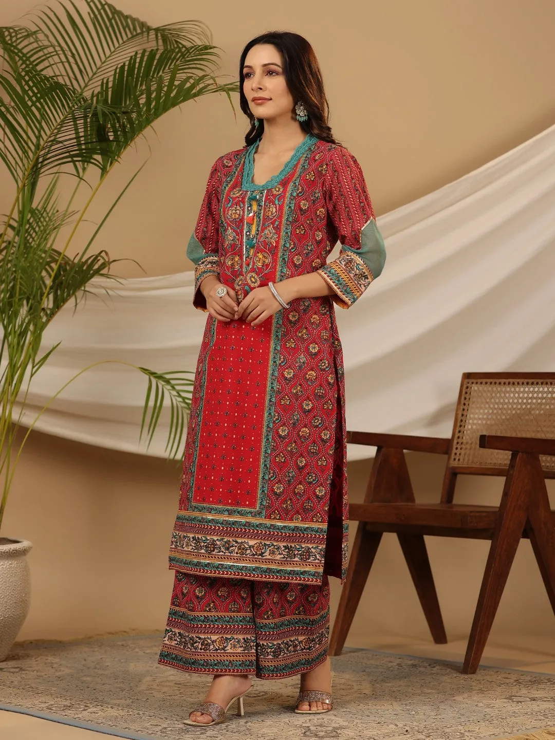 Jashvi Red Madhubala Pure Cotton Ethnic Motif Printed Laced Kurta With Palazzo & Dupatta (3-Pcs)