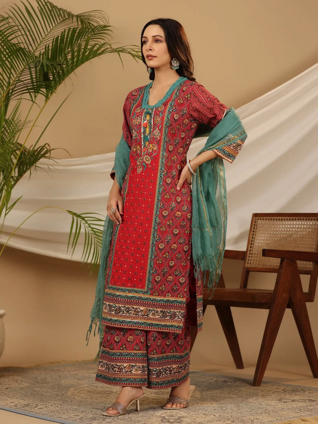 Jashvi Red Madhubala Pure Cotton Ethnic Motif Printed Laced Kurta With Palazzo & Dupatta (3-Pcs)