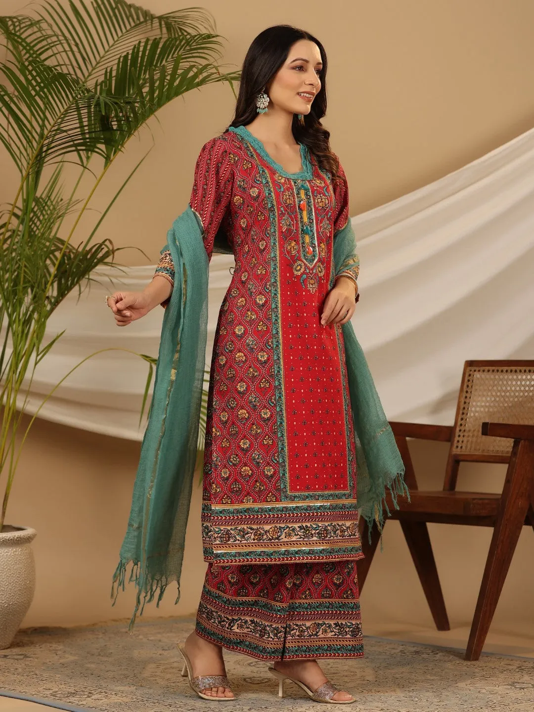 Jashvi Red Madhubala Pure Cotton Ethnic Motif Printed Laced Kurta With Palazzo & Dupatta (3-Pcs)