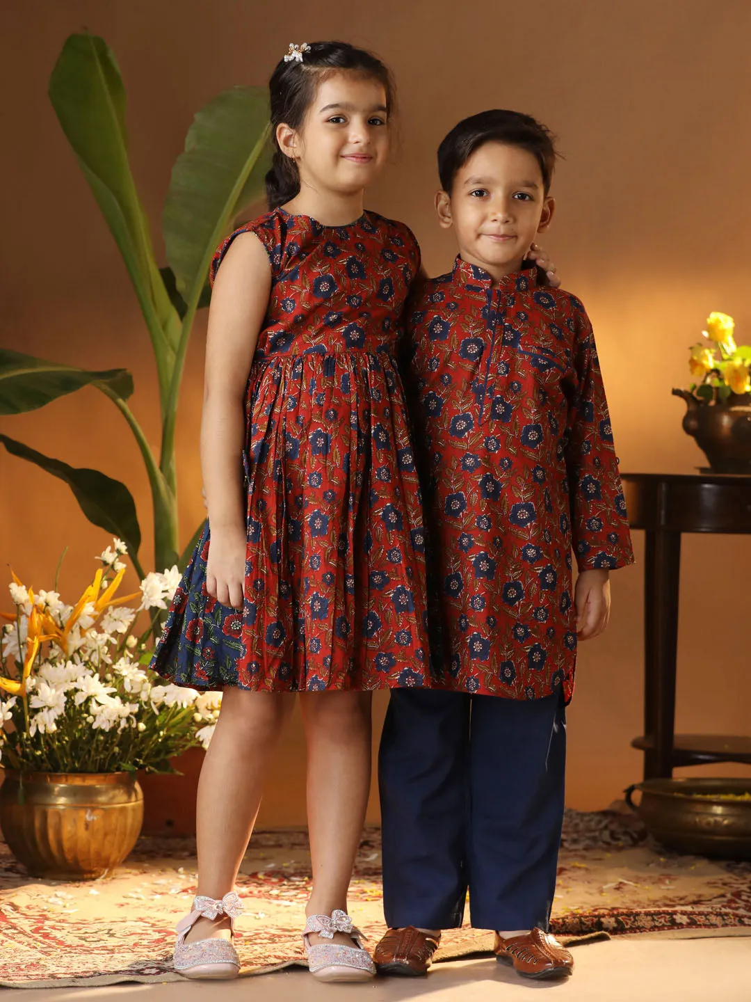 Jashvi Rust And White BHAI BEHEN Siblings Matching Set