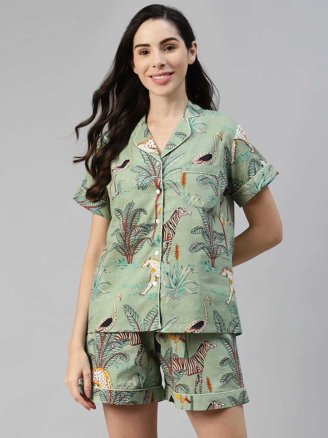 Jashvi Sea Green Cotton Animal Print Night Suit