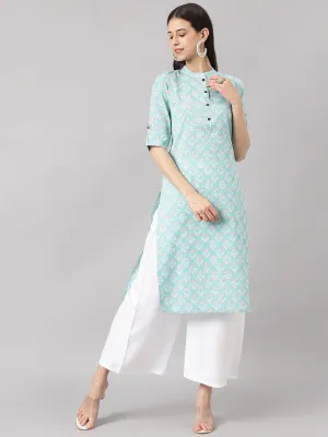 Jashvi Sea Green Cotton Katha work Straight Kurta