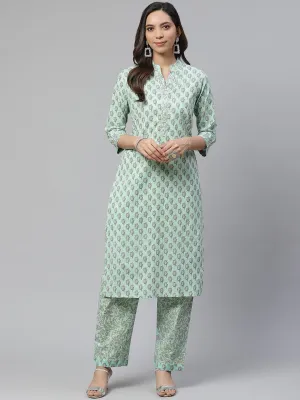 Jashvi Sea Green Cotton Printed Kurti Pant Set