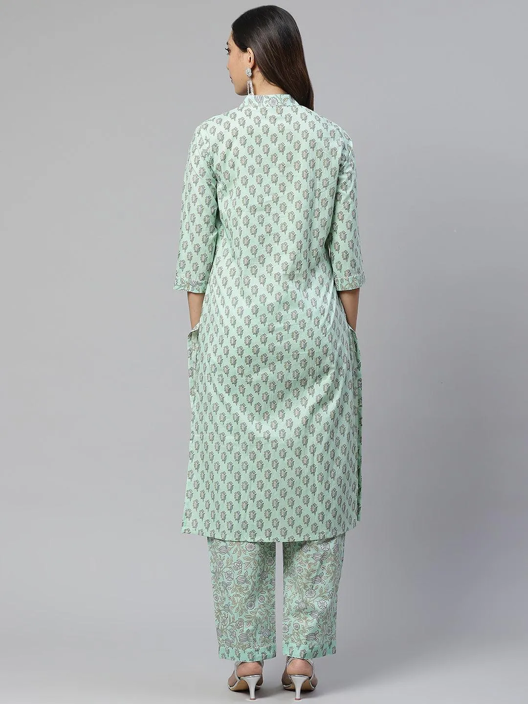 Jashvi Sea Green Cotton Printed Kurti Pant Set