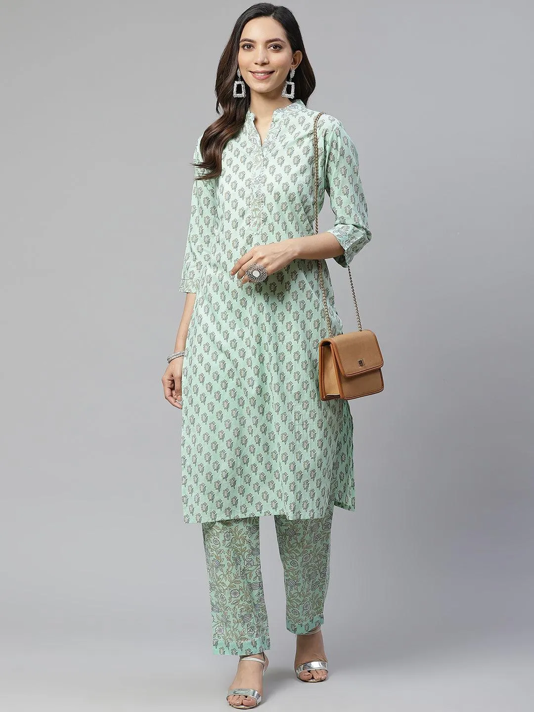 Jashvi Sea Green Cotton Printed Kurti Pant Set