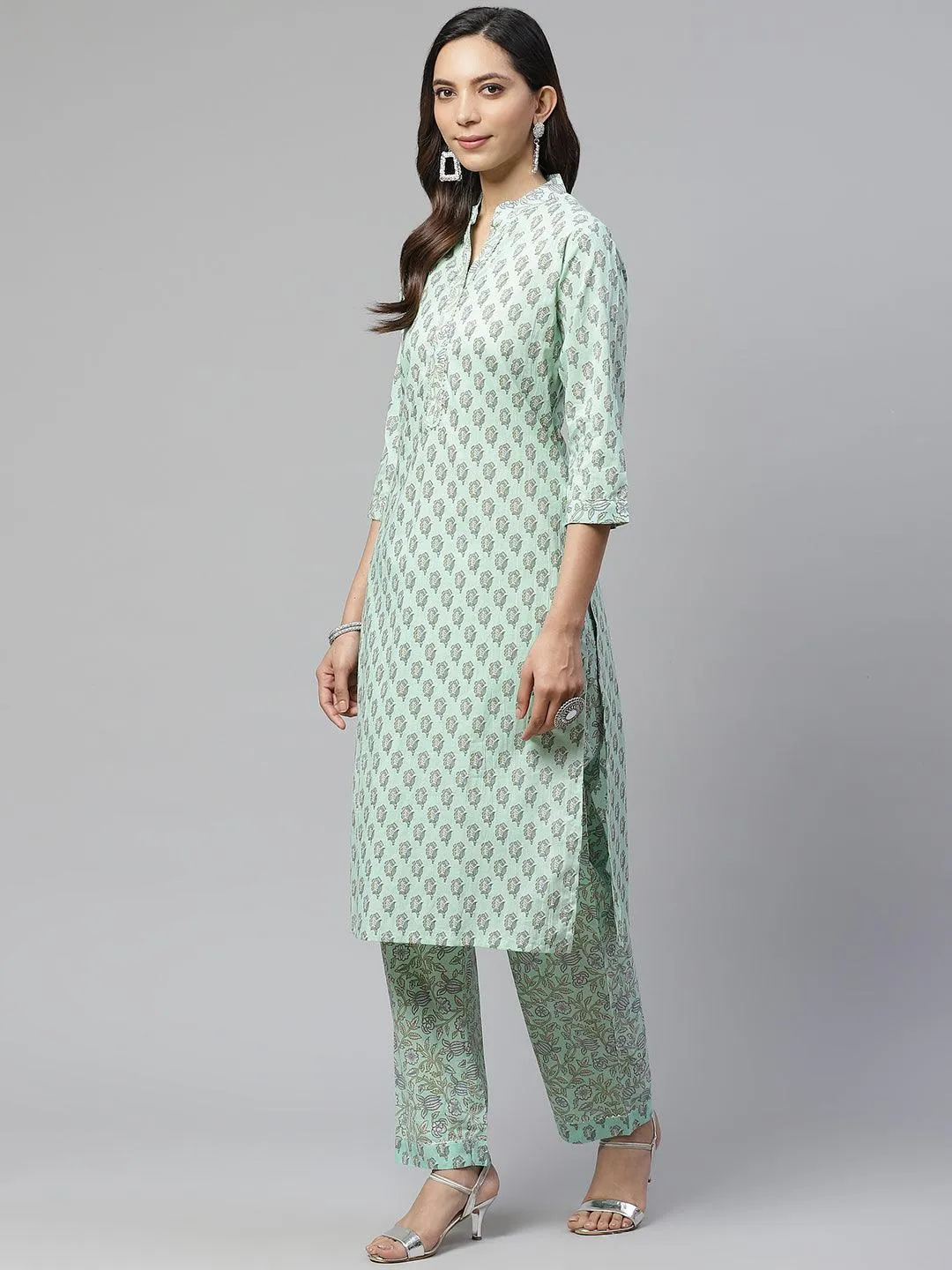 Jashvi Sea Green Cotton Printed Kurti Pant Set