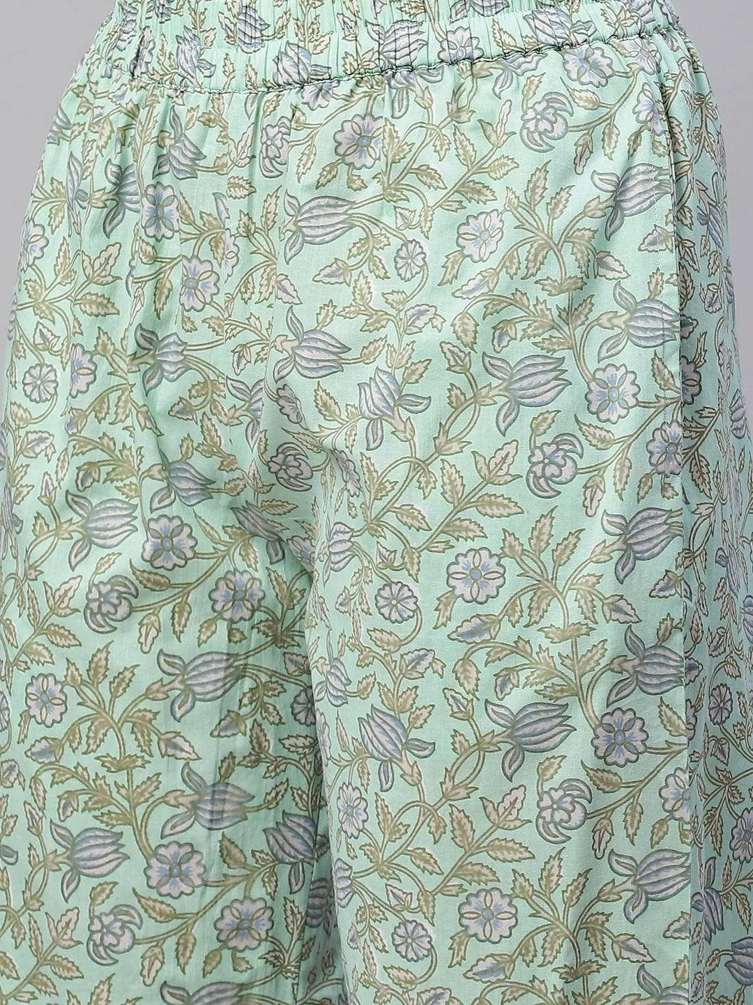 Jashvi Sea Green Cotton Printed Kurti Pant Set