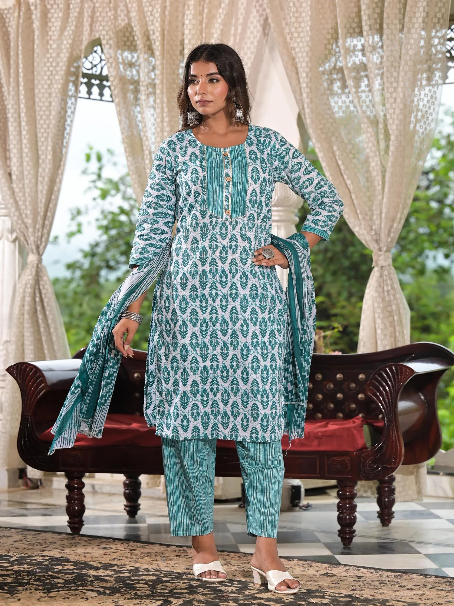 Jashvi Sea Green Ethnic Motif Printed Cotton Kurta, Pant And Dupatta Set With Lace & Buttons