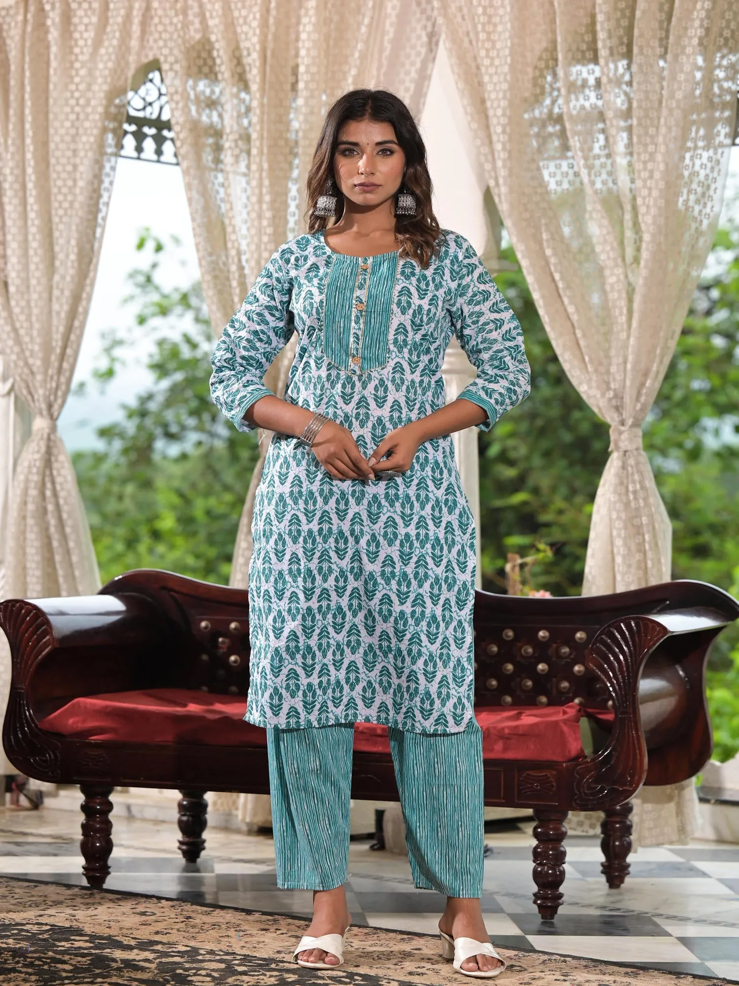 Jashvi Sea Green Ethnic Motif Printed Cotton Kurta, Pant And Dupatta Set With Lace & Buttons