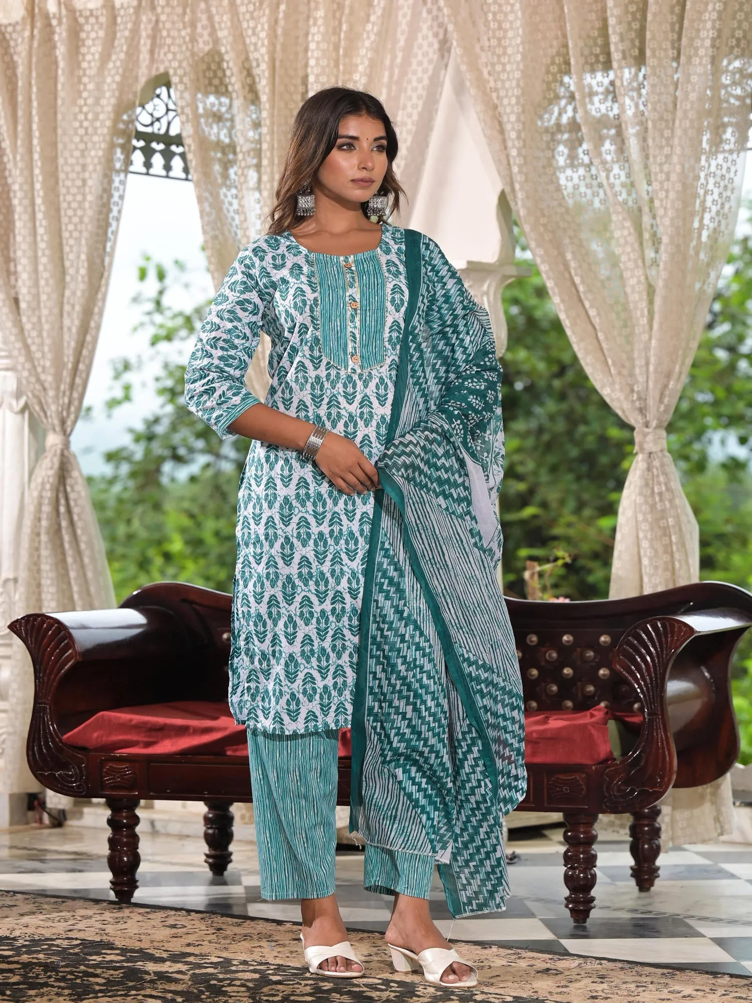 Jashvi Sea Green Ethnic Motif Printed Cotton Kurta, Pant And Dupatta Set With Lace & Buttons