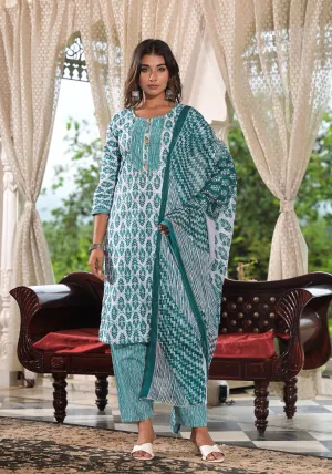 Jashvi Sea Green Ethnic Motif Printed Cotton Kurta, Pant And Dupatta Set With Lace & Buttons