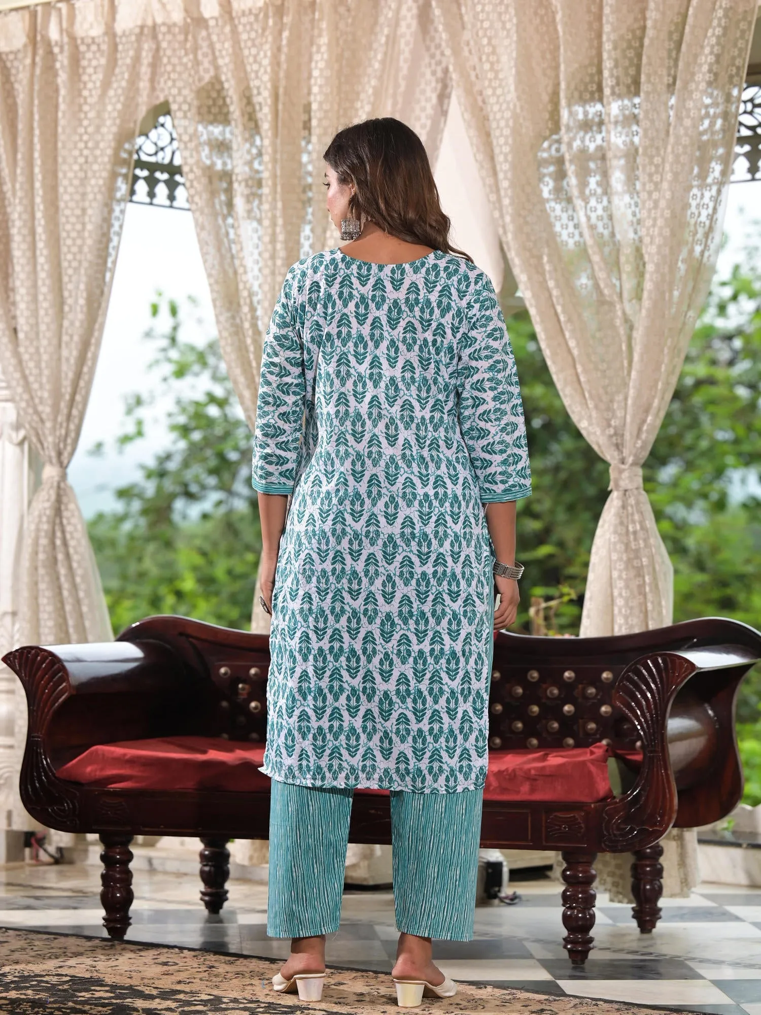 Jashvi Sea Green Ethnic Motif Printed Cotton Kurta, Pant And Dupatta Set With Lace & Buttons