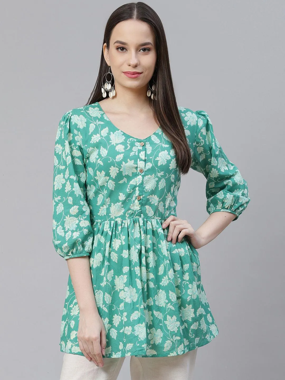 Jashvi Sea green Floral Printed Peplum Cotton top