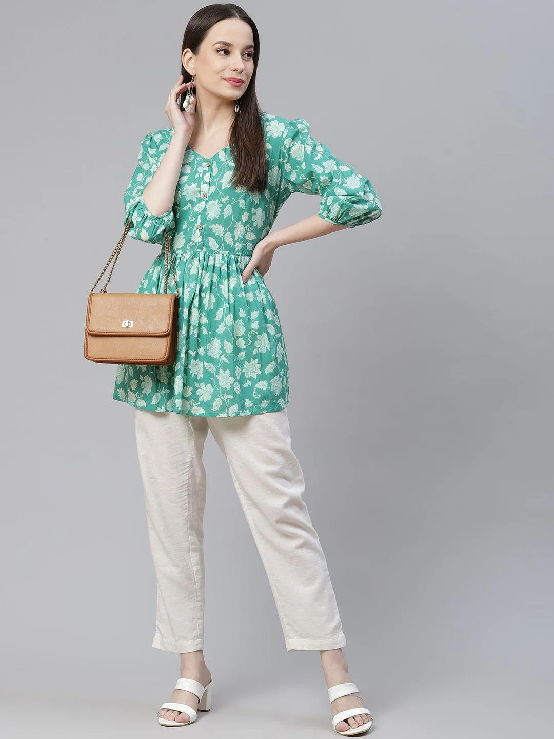 Jashvi Sea green Floral Printed Peplum Cotton top