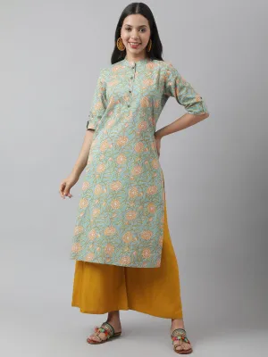 Jashvi Sea Green Floral Printed Straight Kurta