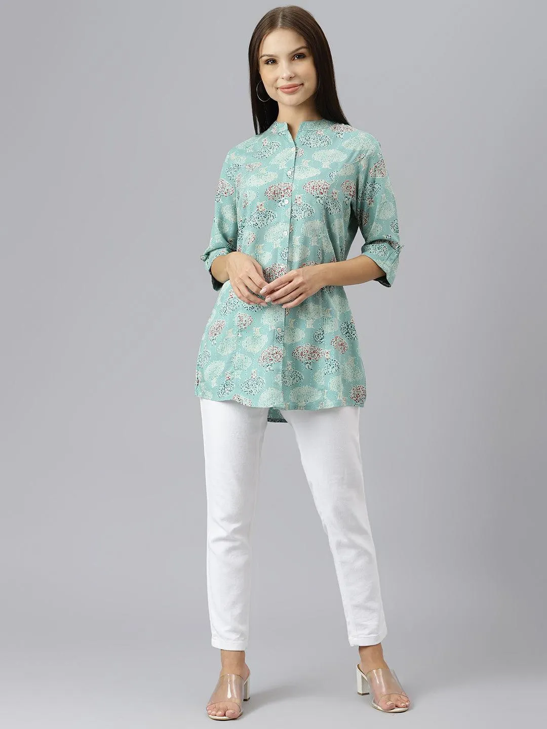 Jashvi Sea Green Floral Rayon A-line Shirts Style Top