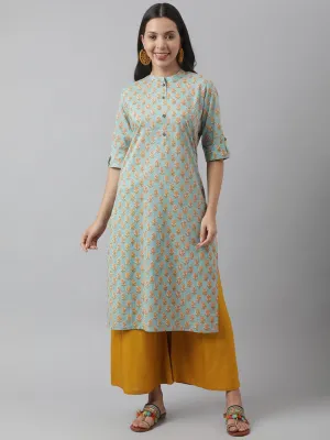 Jashvi Seagreen & Yellow Floral Printed Straight Kurta