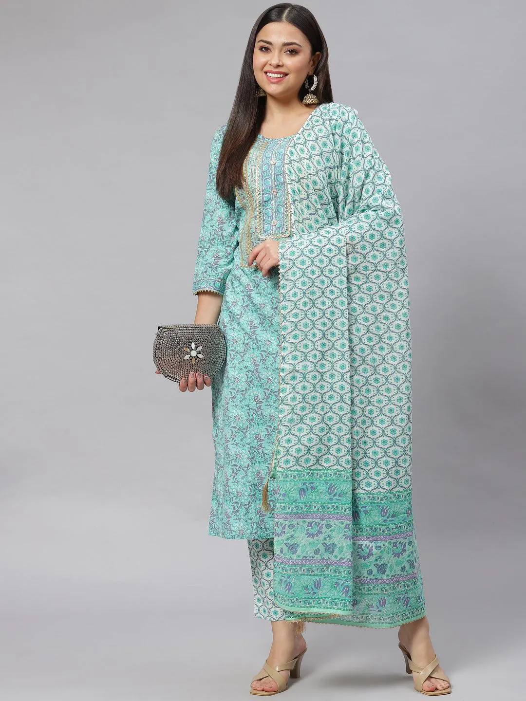 Jashvi Seagreen Cotton kurta Pant set with Dupatta