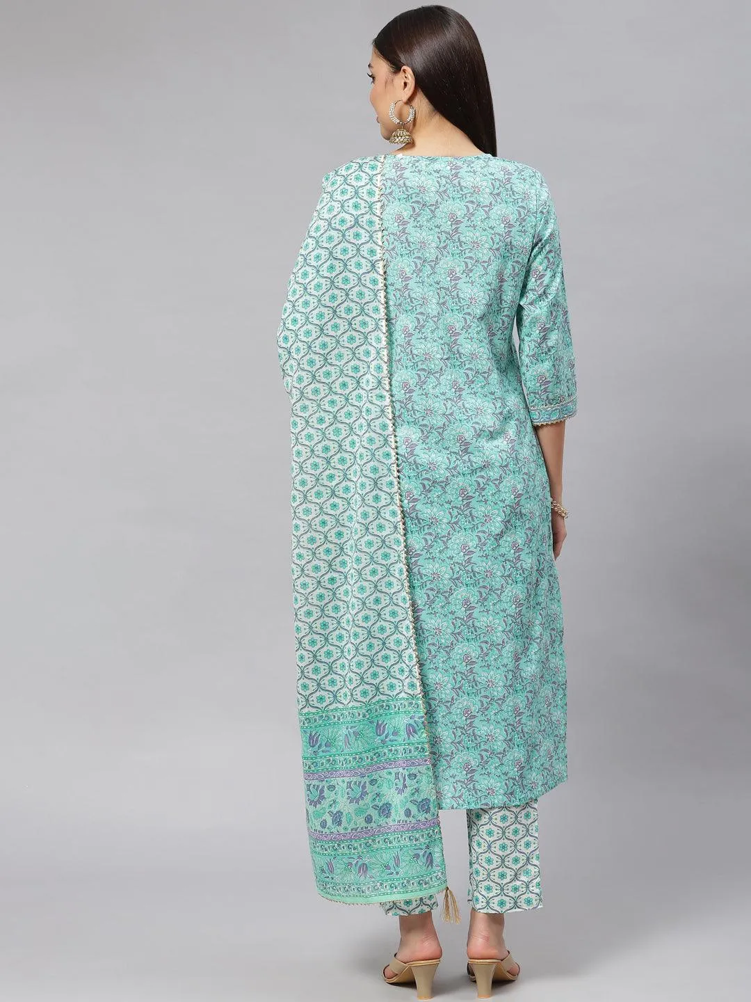 Jashvi Seagreen Cotton kurta Pant set with Dupatta