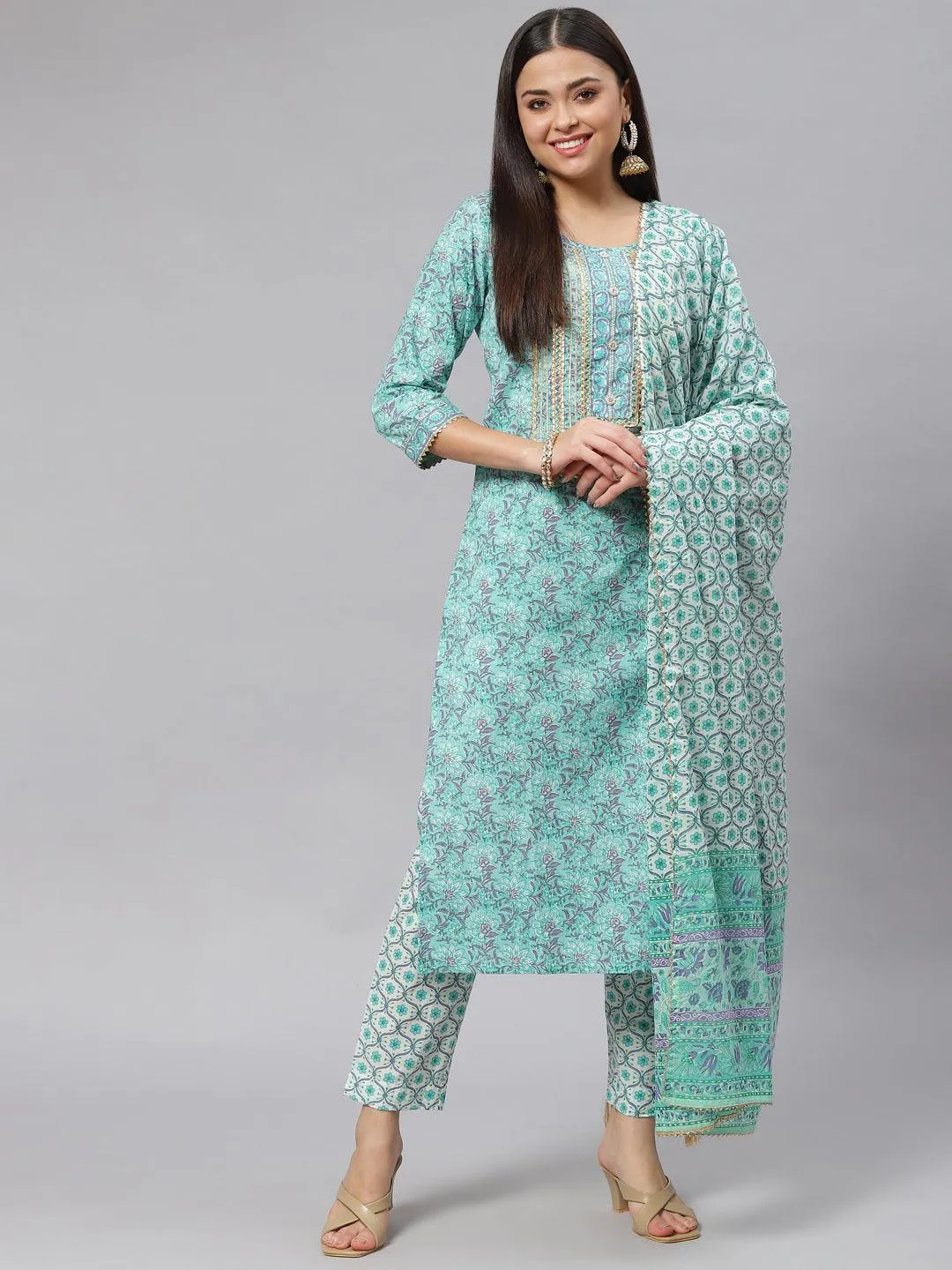 Jashvi Seagreen Cotton kurta Pant set with Dupatta