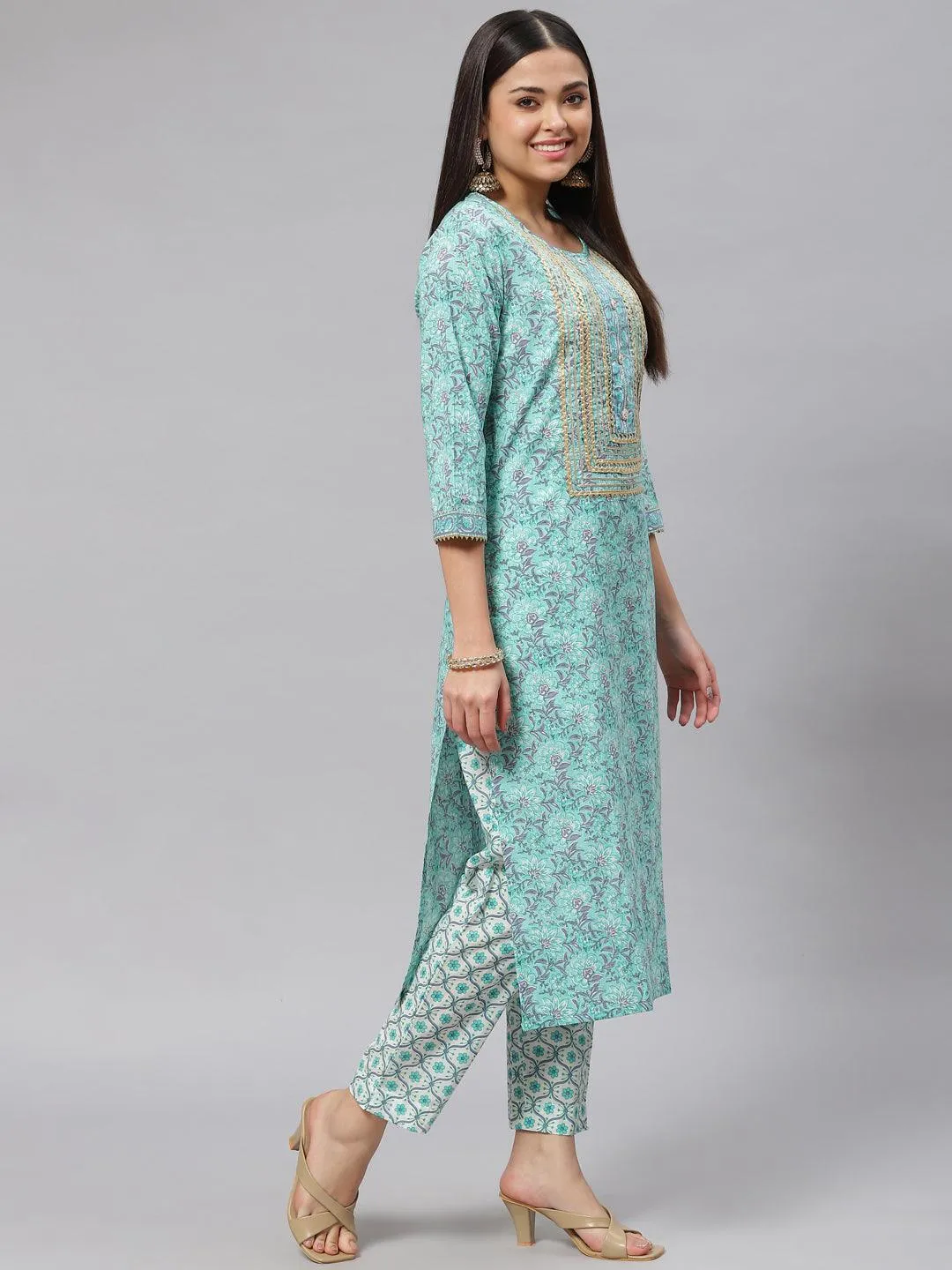 Jashvi Seagreen Cotton kurta Pant set with Dupatta