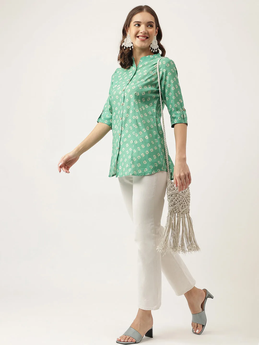 Jashvi See green Bandhani Printed Muslin Fold Sleeve top